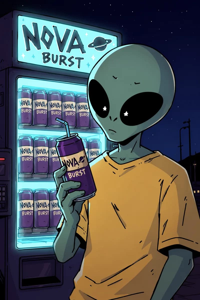 A Zorpian at a glowing vending machine