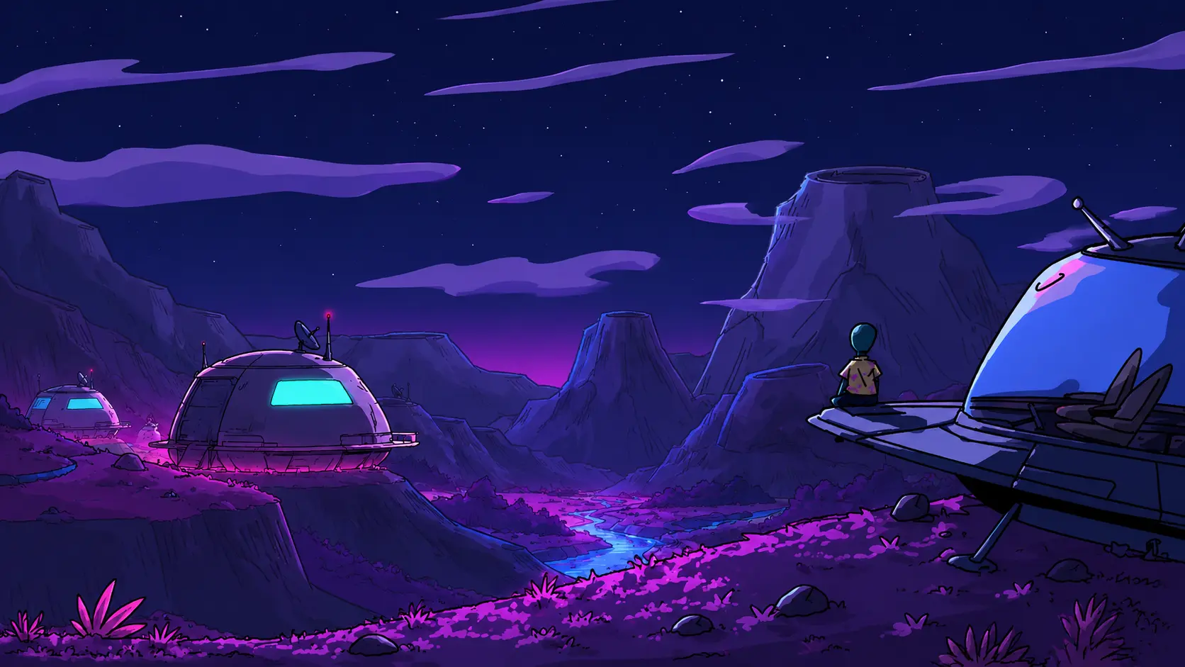 The valleys of planet Zorp at night