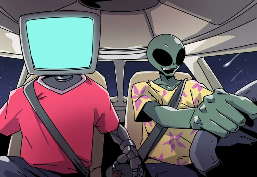 A Zorpian flying a saucer with an empty co-pilot seat